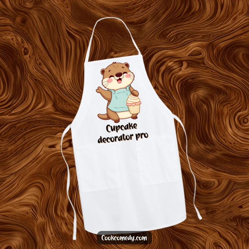 Funny otter wearing an apron gleefully decorating a tiny cupcake, perfect for a baker's kitchen wear.