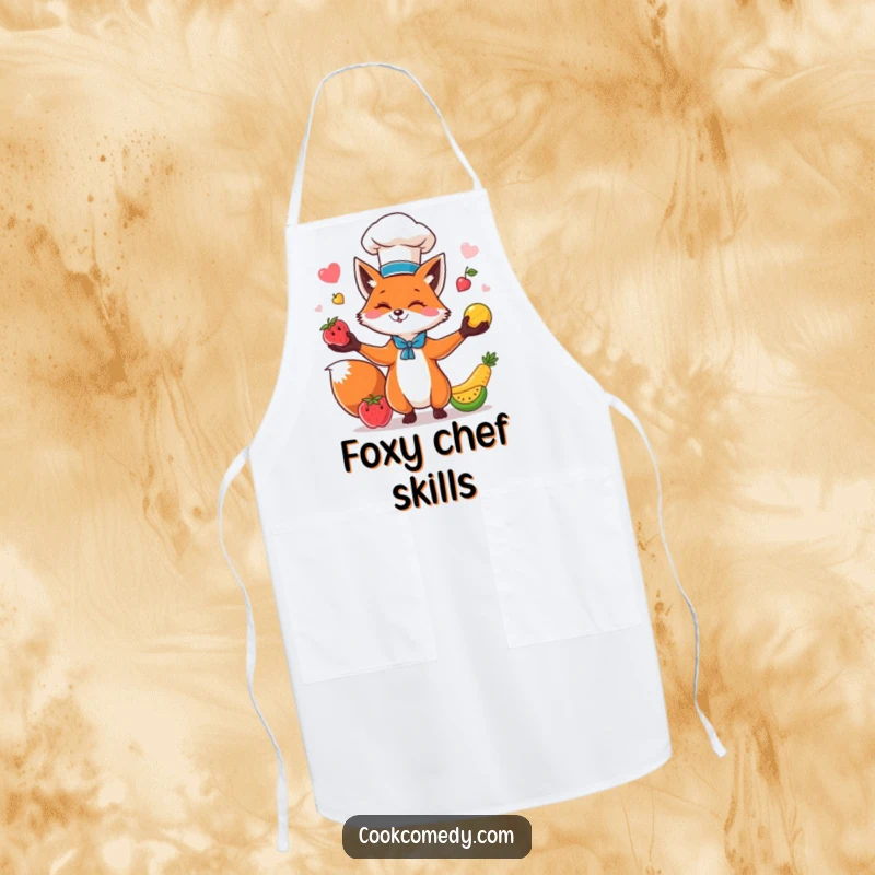 Funny fox wearing a chef's hat and apron, humorously juggling colorful fruits while cooking, a kitchen essential.
