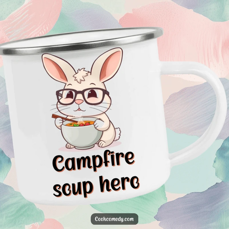 Funny rabbit chef tasting a tiny soup bowl on a rugged camping mug, ideal for outdoor enthusiasts.