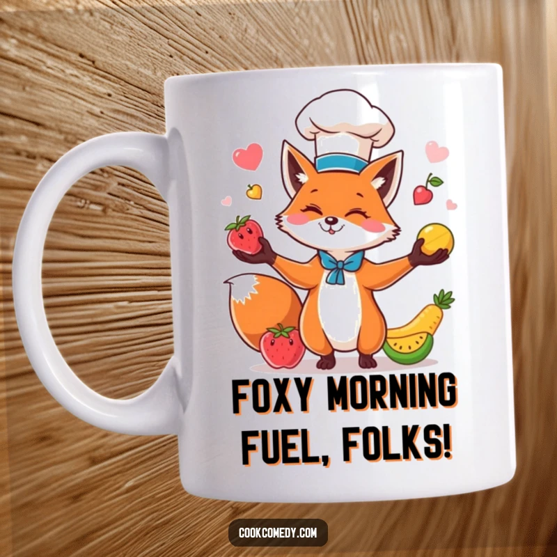 Funny fox chef wearing a tall hat, enthusiastically juggling colorful fruits on a ceramic mug, perfect for gifting.