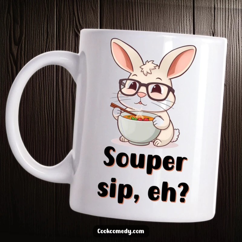 Funny rabbit wearing oversized glasses, carefully tasting a steaming miniature soup bowl on a ceramic mug, a cute gift.