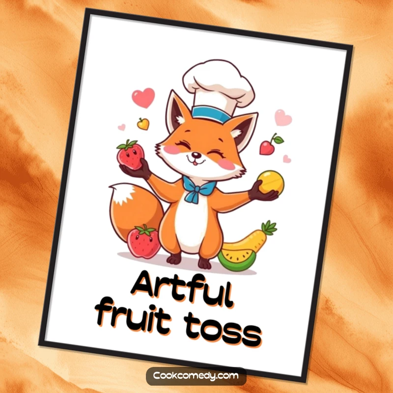 High-resolution funny digital art print of a fox chef juggling fruits, ready for immediate download and display.