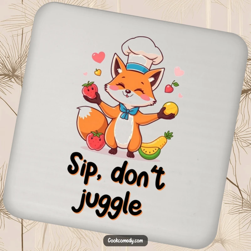 Funny fox chef juggling colorful fruits on a protective drink coaster, adding a humorous element to tabletops.