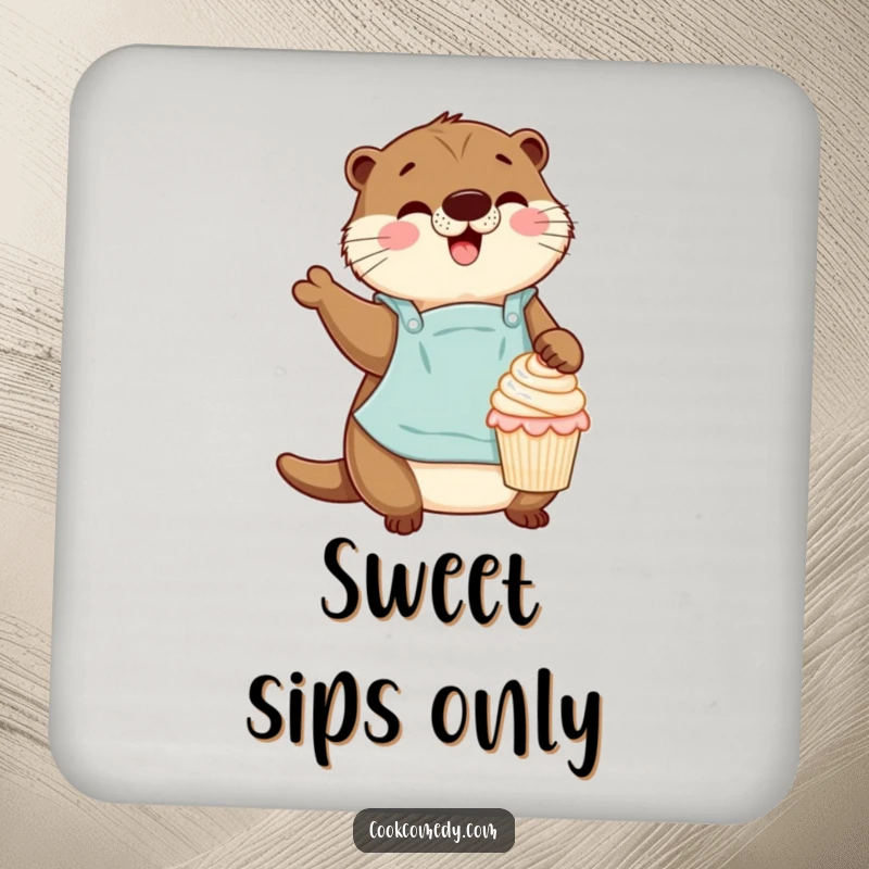 A funny otter baker gleefully decorating a miniature cupcake on a protective drink coaster, adding charm to tables.