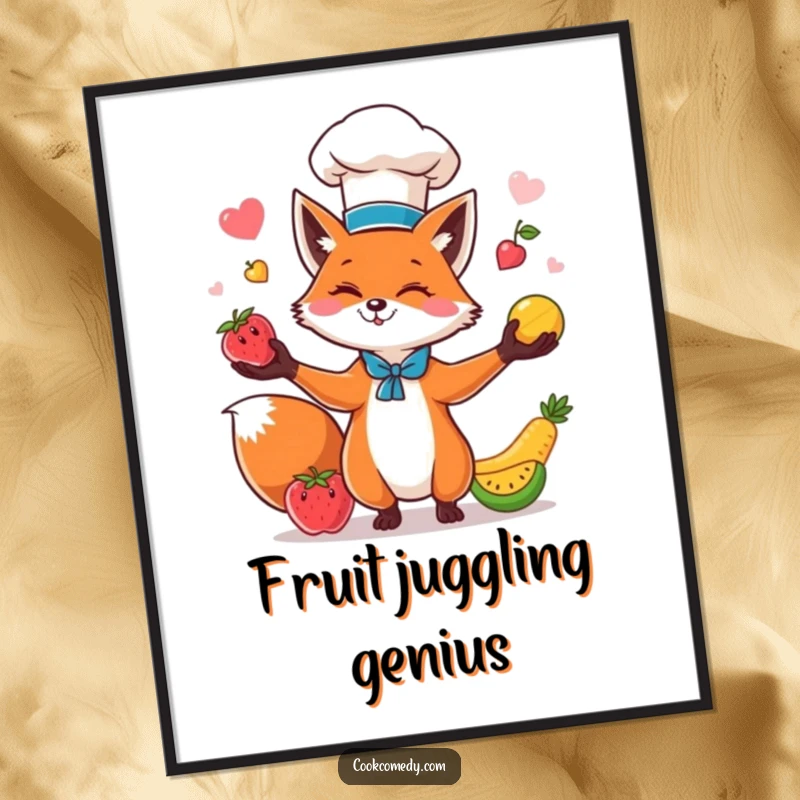 Funny fox chef in mid-air juggling delicious fruits, displayed on a colorful poster, adding humor to decor.