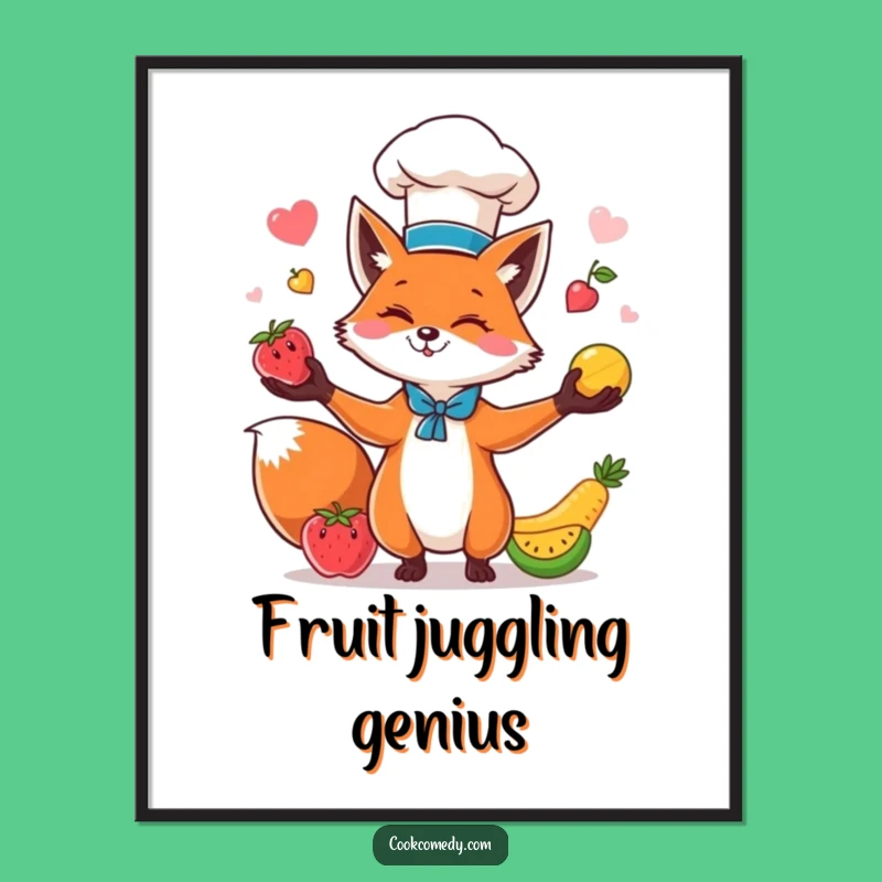 Funny Fox Chef Poster: Vibrant Fruit Juggling Art for a Cheerful Space