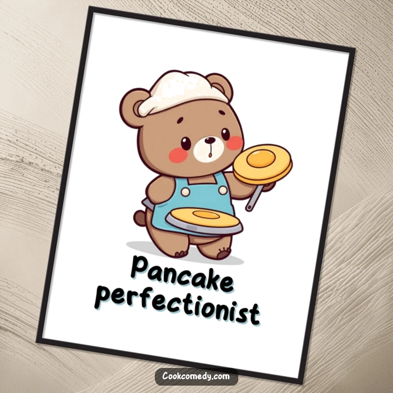 Funny poster of a busy bear chef in an apron, mid-flip with a pancake, adding playful breakfast vibes to any wall.