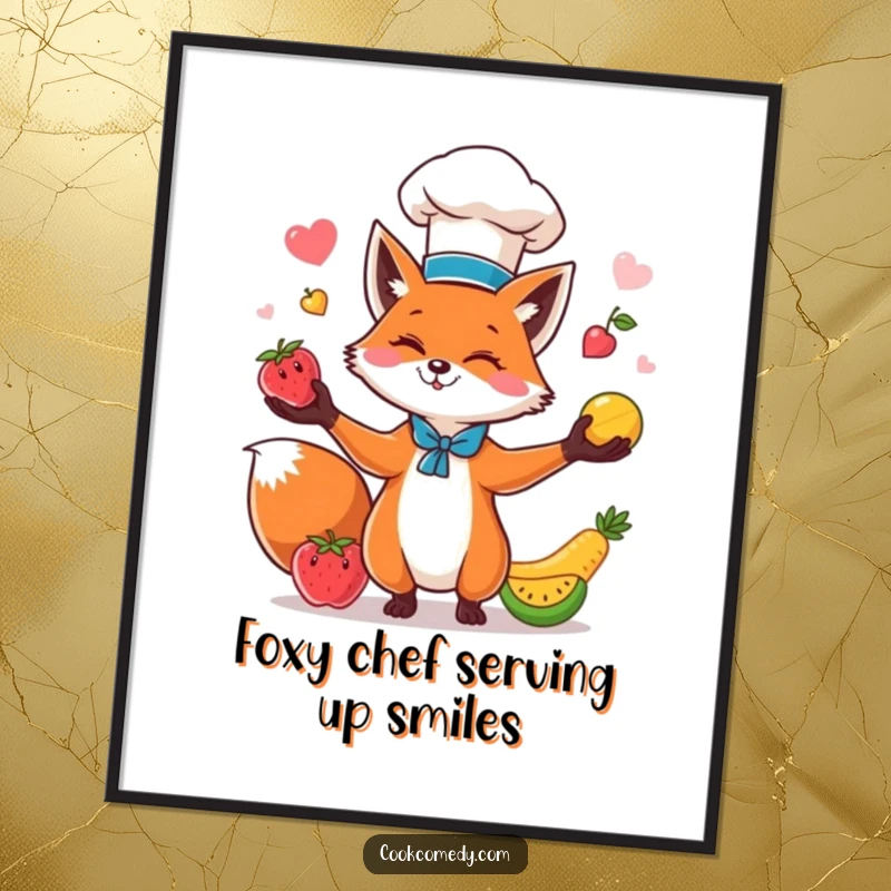 Funny Free Printable Wall Art: A fox chef in a tall hat joyfully juggles colorful fruits, adding a whimsical touch to any room.