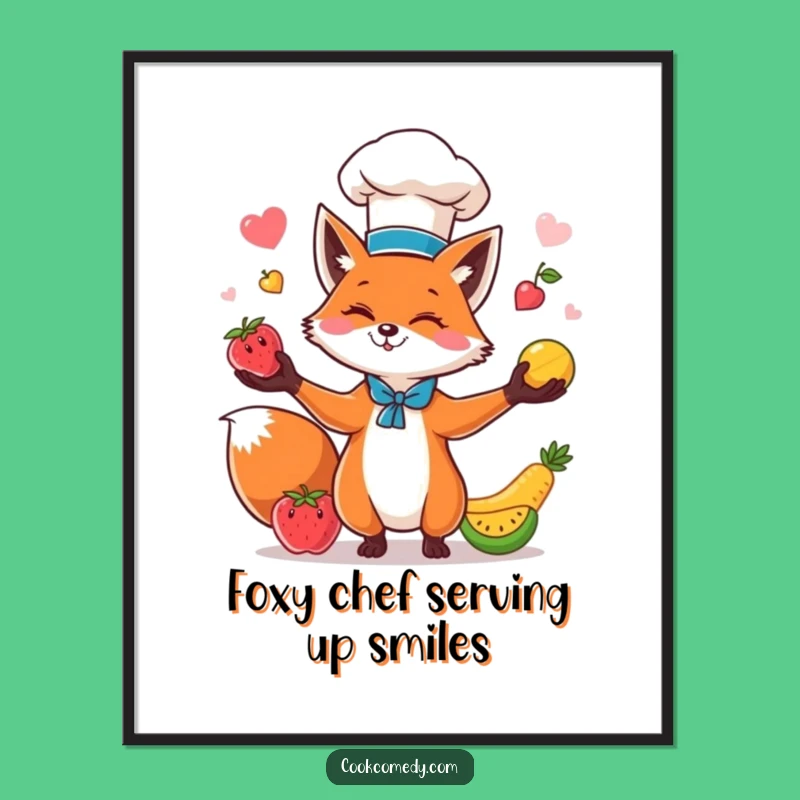 Free Printable Fox Chef Wall Art: Juggling Fruits, Humorous Downloadable Decor