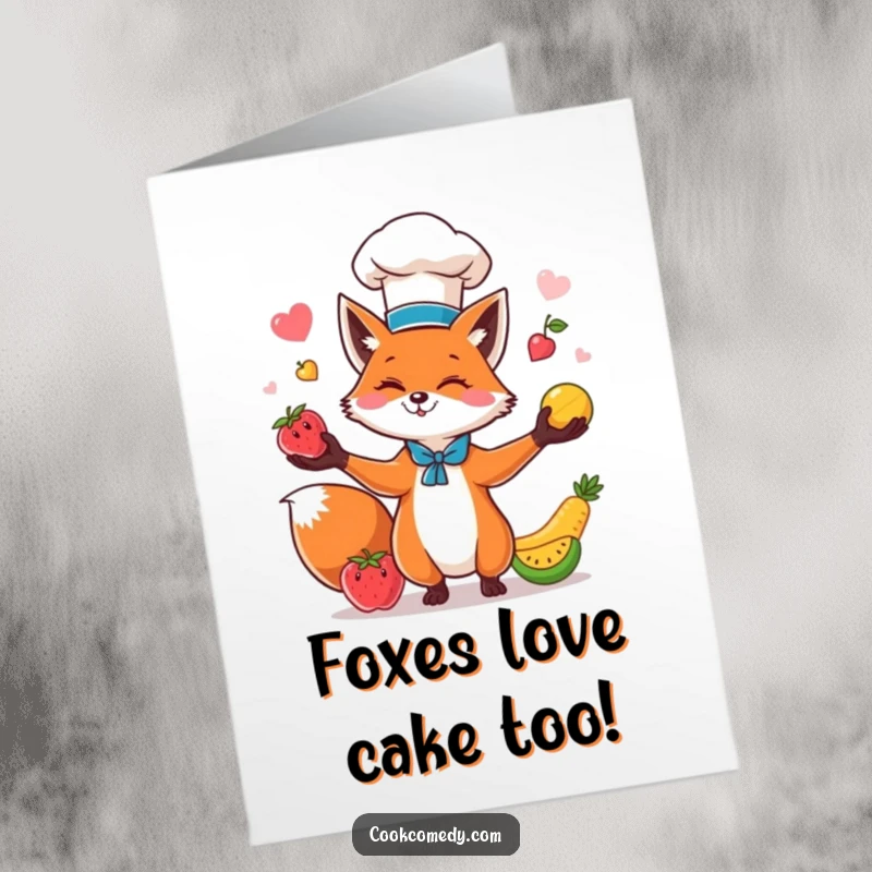 Funny Free Printable Birthday Card featuring a cute fox chef in a tall hat, enthusiastically juggling colorful fruits with a big smile.