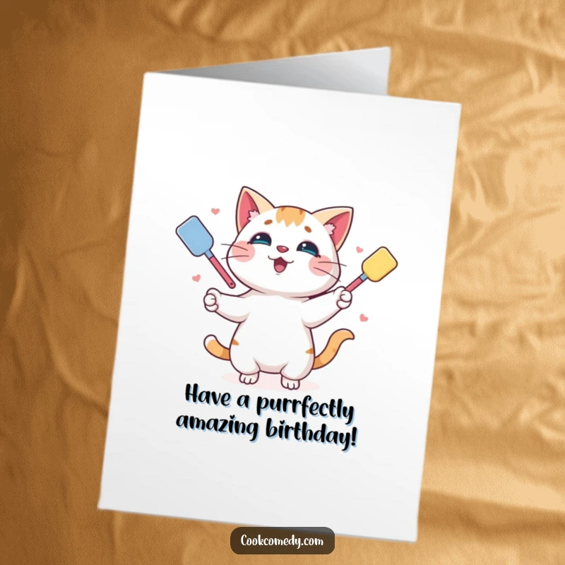 Funny Free Printable Birthday Card: Playful cat skillfully juggles colorful spatulas with a mischievous grin.
