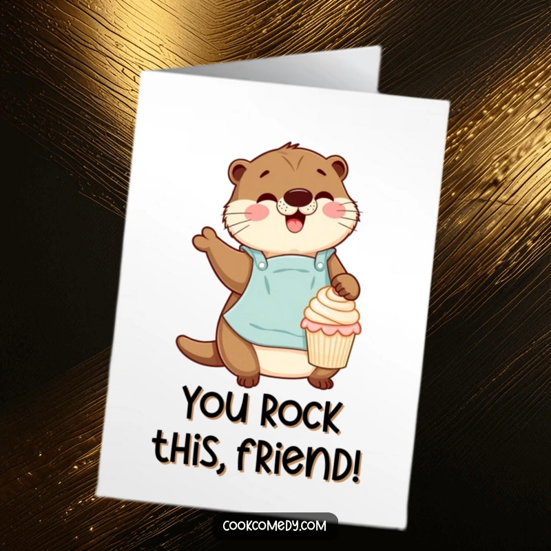 Funny Free Printable Congratulations Card: An otter chef with an apron gleefully decorates a tiny cupcake, celebrating success with sugary delight.