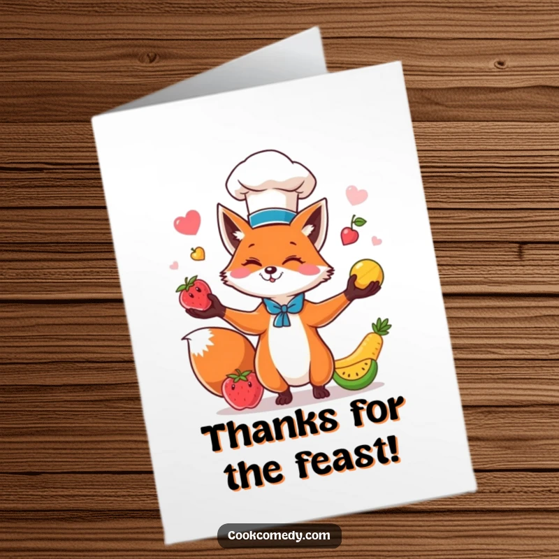 Funny Free Printable Thank You Card showing a happy fox chef juggling fruits, perfect for a humorous expression of gratitude.