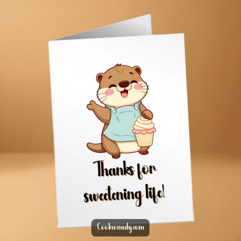 Funny Free Printable Thank You Card: An otter wearing an apron joyfully decorates a miniature cupcake, perfect for a sweet thank you.