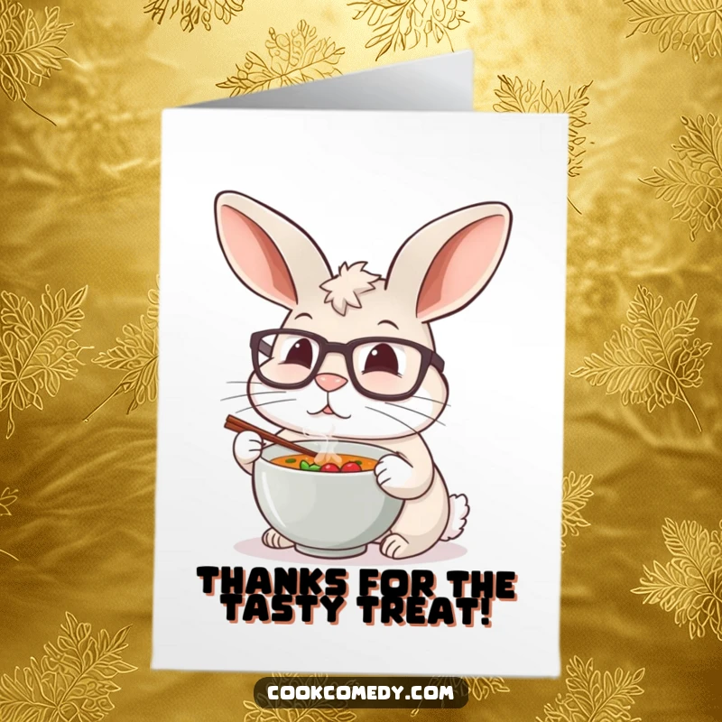 Funny Free Printable Thank You Card featuring a rabbit in huge glasses, savoring a small cup of soup with appreciation.