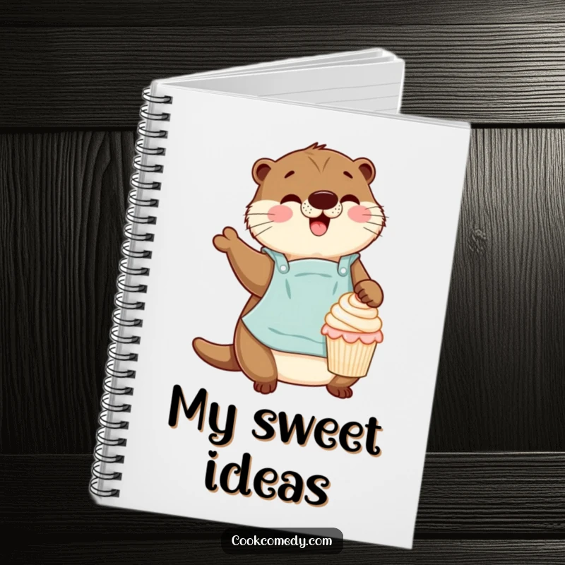 Funny otter baker decorating a cupcake on the cover of a notebook, ideal for jotting down recipes.