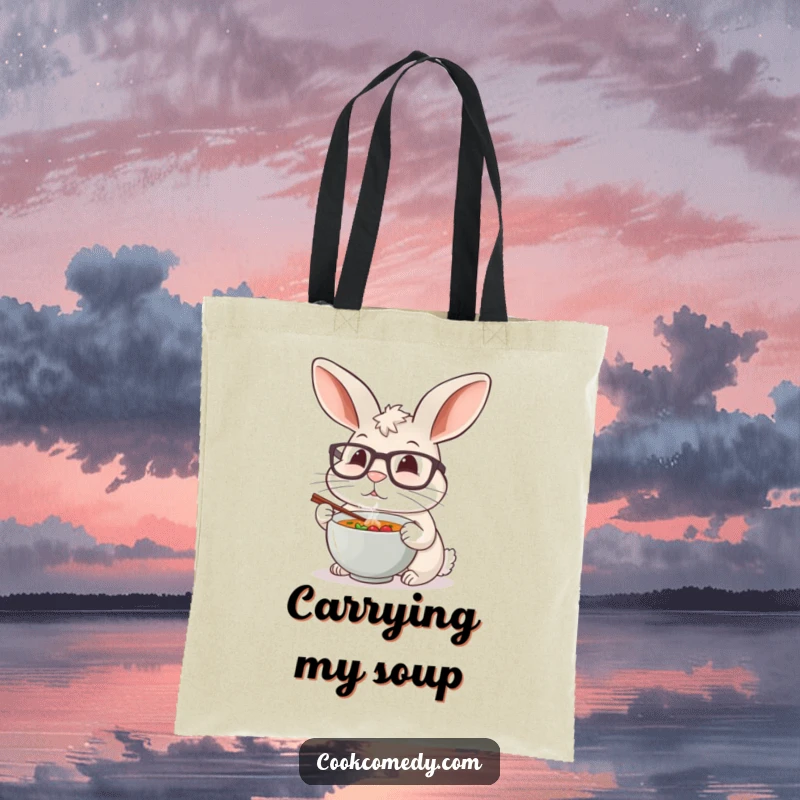 A funny rabbit chef concentrating on tasting a tiny steaming soup bowl on a stylish tote bag.