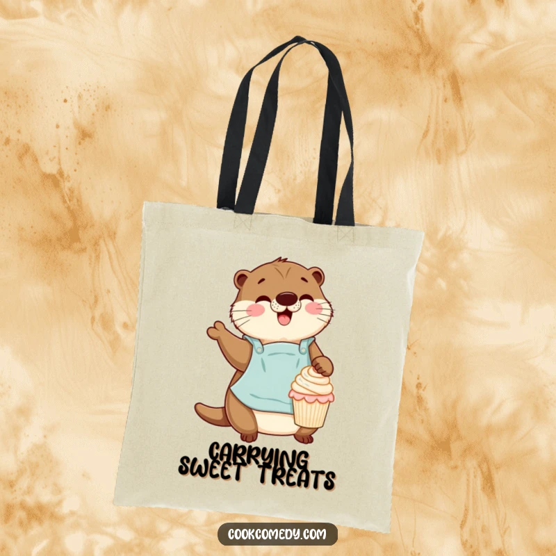 Funny otter wearing an apron gleefully decorating a tiny cupcake on a durable tote bag, a baker's companion.