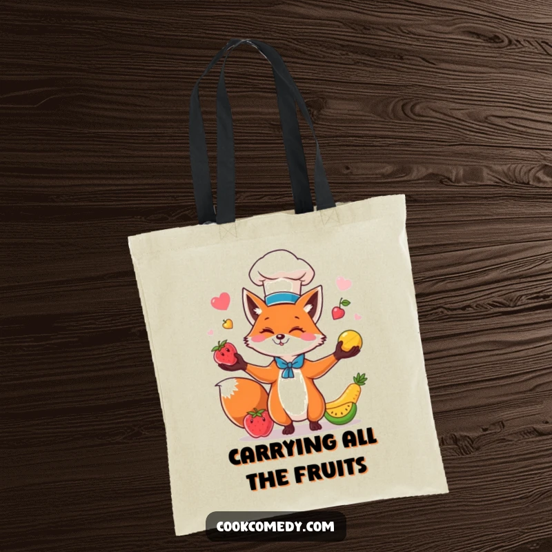 Funny fox chef juggling colorful fruits on a durable tote bag, a humorous and practical accessory for shoppers.